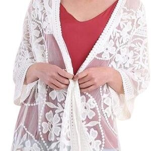 ANA ROSE Womens Boho White Floral Embroidered Lace Kimono O/S